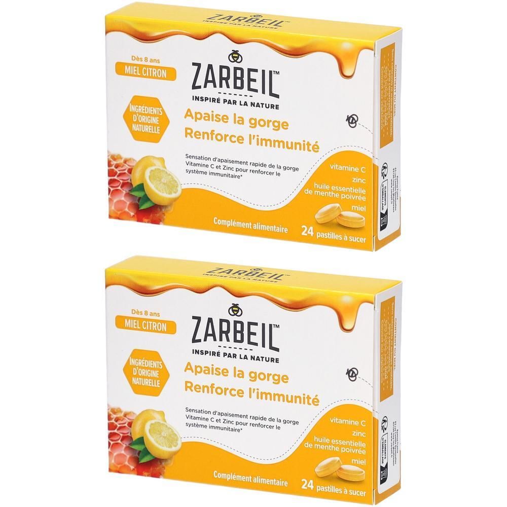 Deux boîtes jaunes ZARBEIL. Texte: Apaise la gorge, Renforce l'immunité. 24 pastilles.