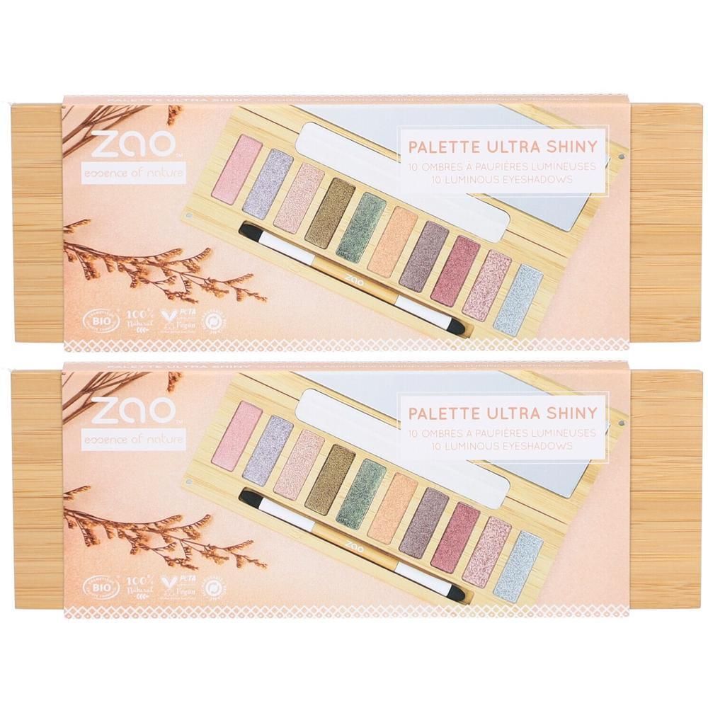 Deux palettes Ultra Shiny avec 10 fards à paupières chacune. Avec applicateur. Emballage aspect bois et nom du produit.