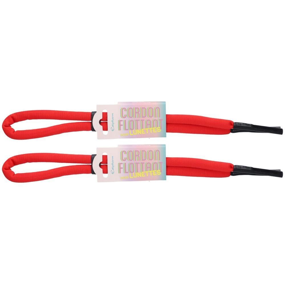 Deux cordons flottants rouges pour lunettes avec extrémités noires et étiquettes "CORDON FLOTTANT LUNETTES".