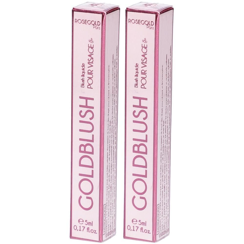 Deux boîtes roses avec le texte GOLDBLUSH. Texte: Blush liquide POUR VISAGE. En bas: 5ml, 0,17 fl.oz.