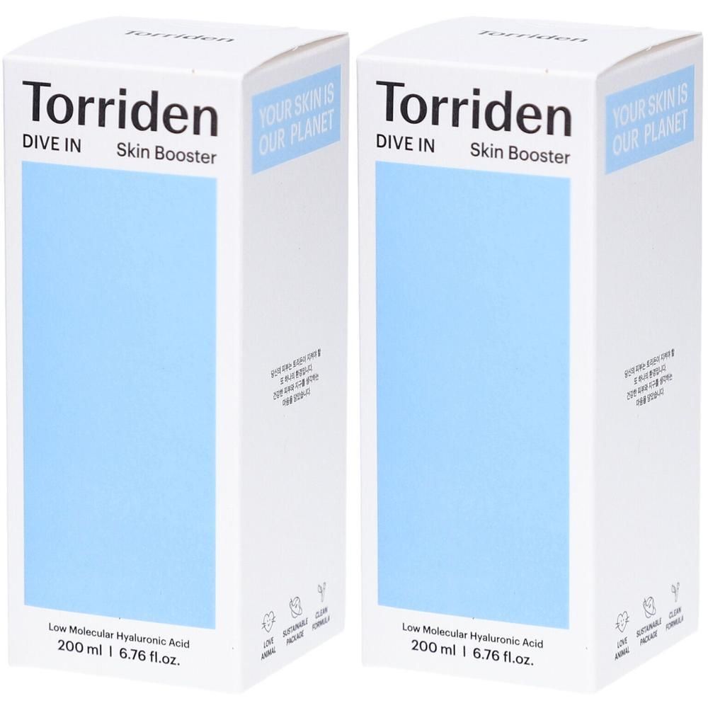 Deux boîtes blanches avec texte. Marque Torriden, Skin Booster, DIVE IN. Zone bleue. Contient 200 ml.