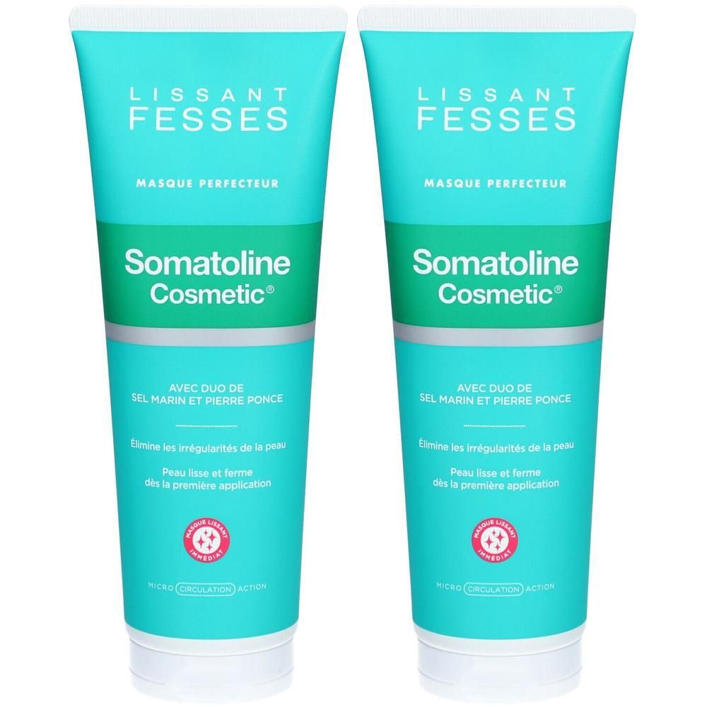 Deux tubes de crème turquoise. Inscription: Lissant Fesses, Masque Perfecteur, Somatoline Cosmetic. Avec duo de sel marin et pierre ponce.