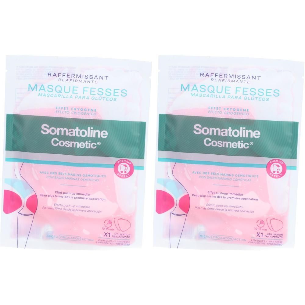 Deux sachets de produit. Inscription: MASQUE FESSES, Somatoline Cosmetic. Illustration rose du produit. X1.