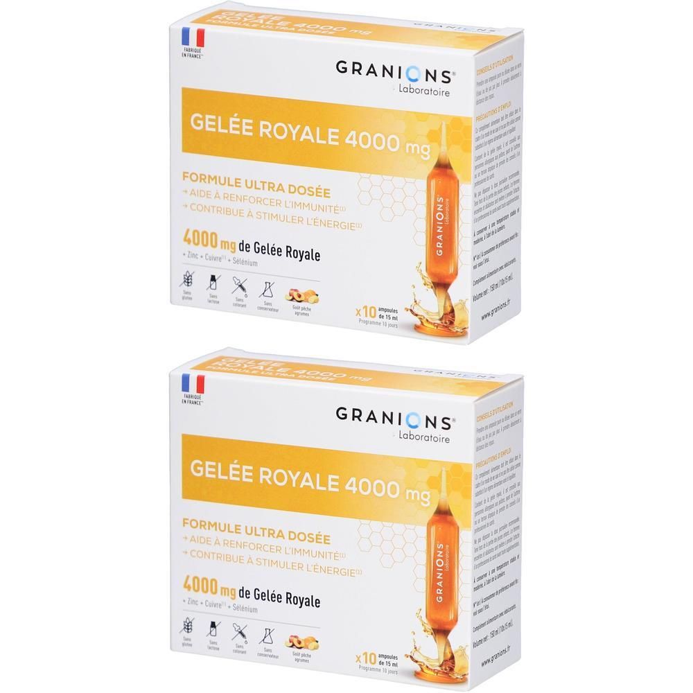 Deux boîtes de « Gelée Royale 4000 mg ». Chaque boîte présente une ampoule. Marque Granions.