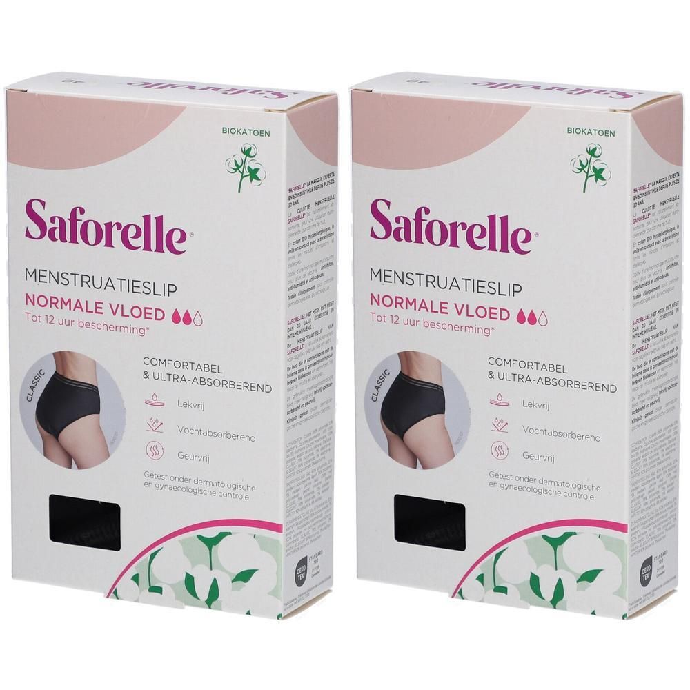Deux boîtes de culottes menstruelles. Marque "Saforelle". Image d'un sous-vêtement noir. Texte: "Normale Vloed".