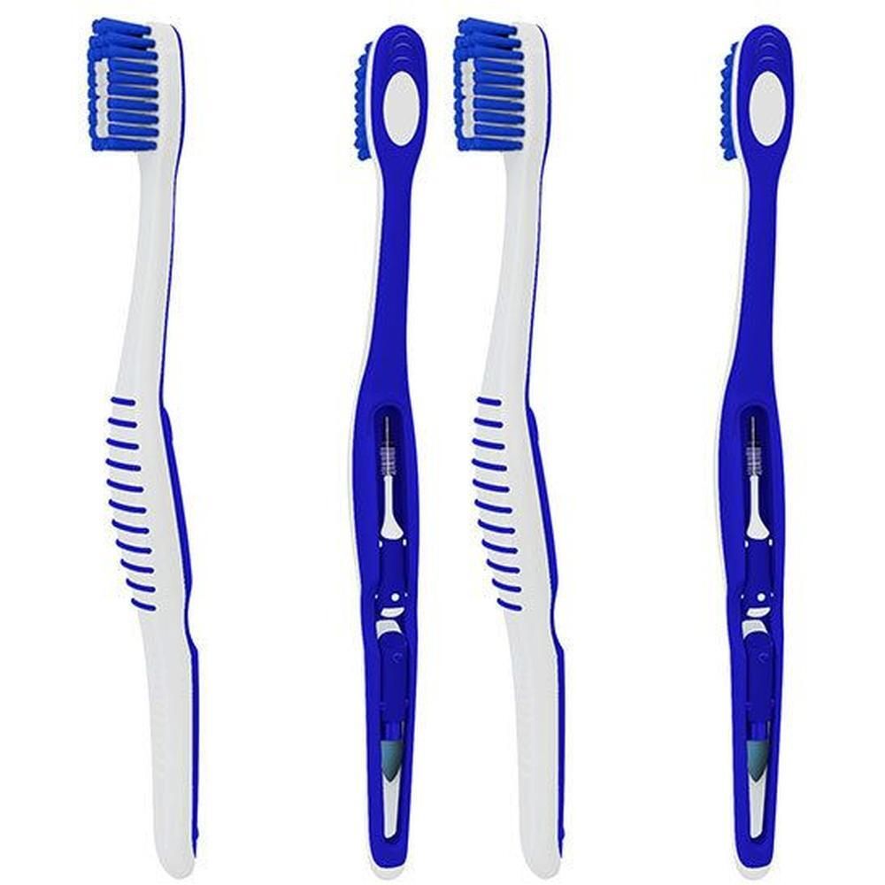 Quatre brosses à dents bleues et blanches. Soies bleues, manche blanc avec accents bleus. Vue latérale.
