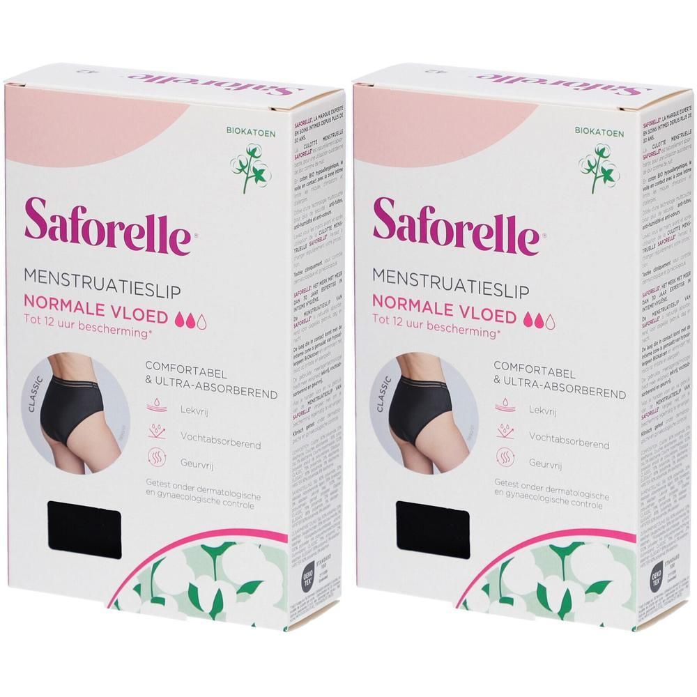 Deux boîtes de culottes menstruelles Saforelle. Inscription: Normale Vloed, jusqu'à 12 heures de protection. Une culotte noire est illustrée.