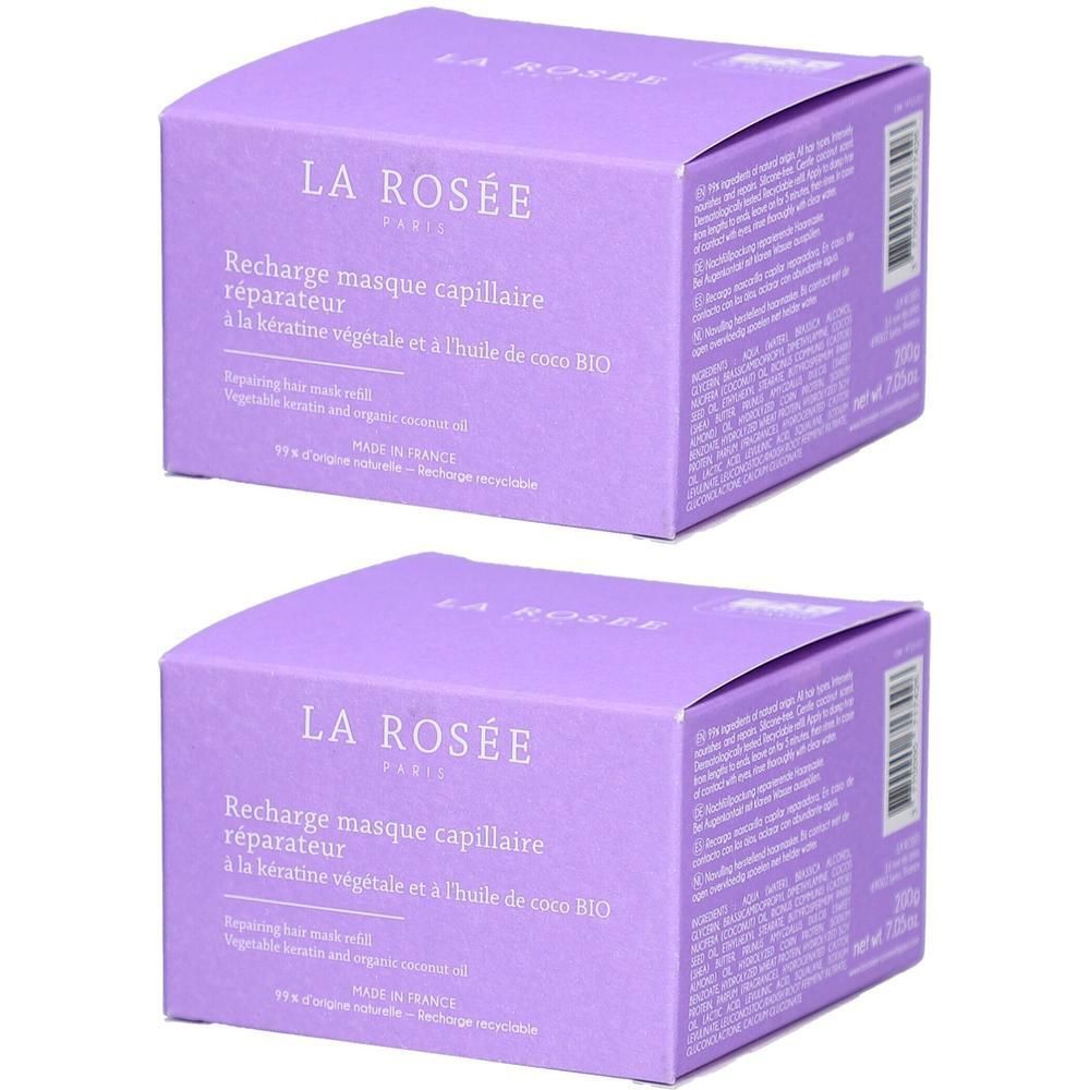 Deux boîtes violettes. Inscription: LA ROSÉE, Recharge masque capillaire réparateur. Avec kératine végétale et huile de coco bio.