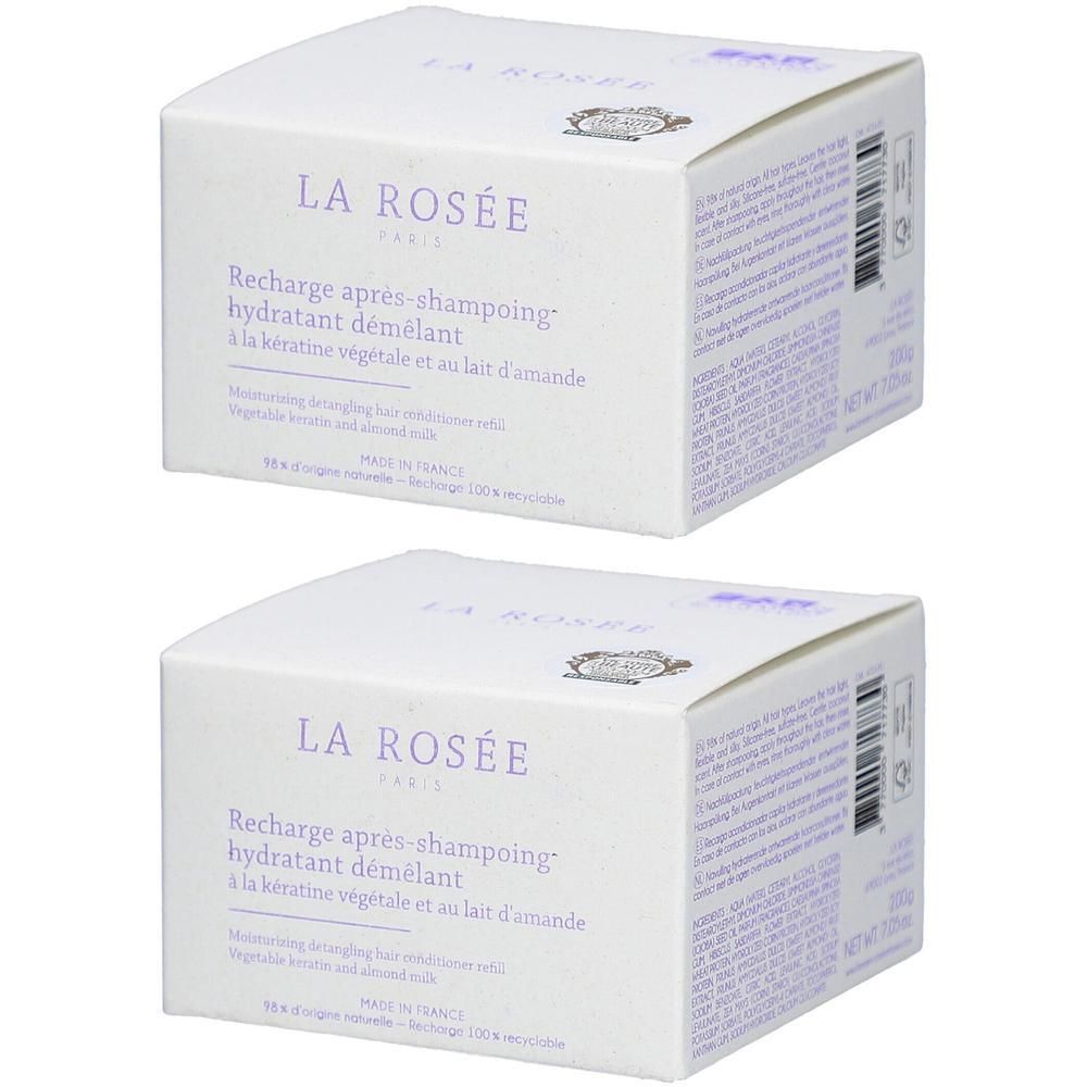 Deux boîtes blanches avec texte violet. Inscription: LA ROSÉE, Recharge après-shampoing hydratant démêlant. Kératine végétale et lait d'amande.