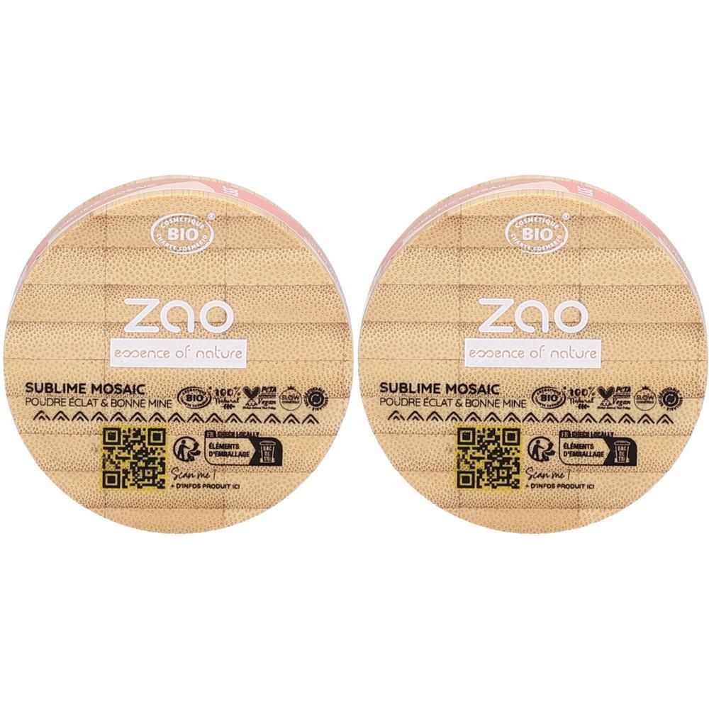 Deux boîtiers ronds en bois. Inscription : ZAO, Sublime Mosaic, Poudre éclat & bonne mine. Certification Bio.