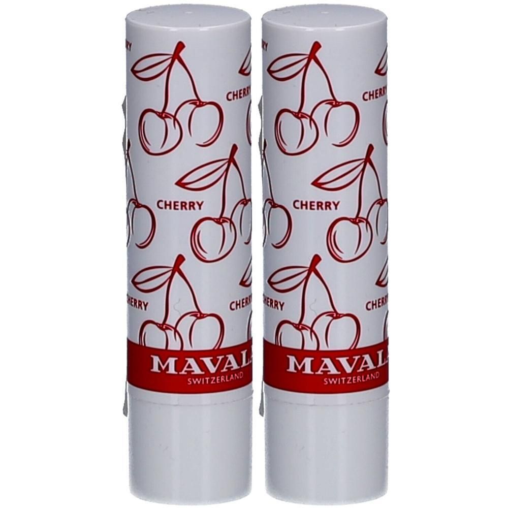 Deux sticks à lèvres avec motif cerise. Inscription "CHERRY" et "MAVAL SWITZERLAND". Étuis blancs avec design rouge.