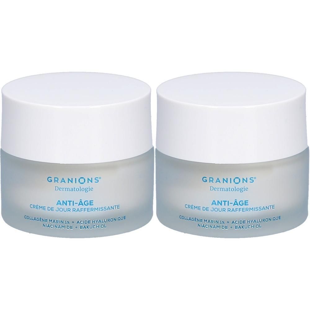Deux pots avec couvercles blancs et verre bleu clair. Inscription: GRANIONS Dermatologie, ANTI-ÂGE, Crème de jour raffermissante.