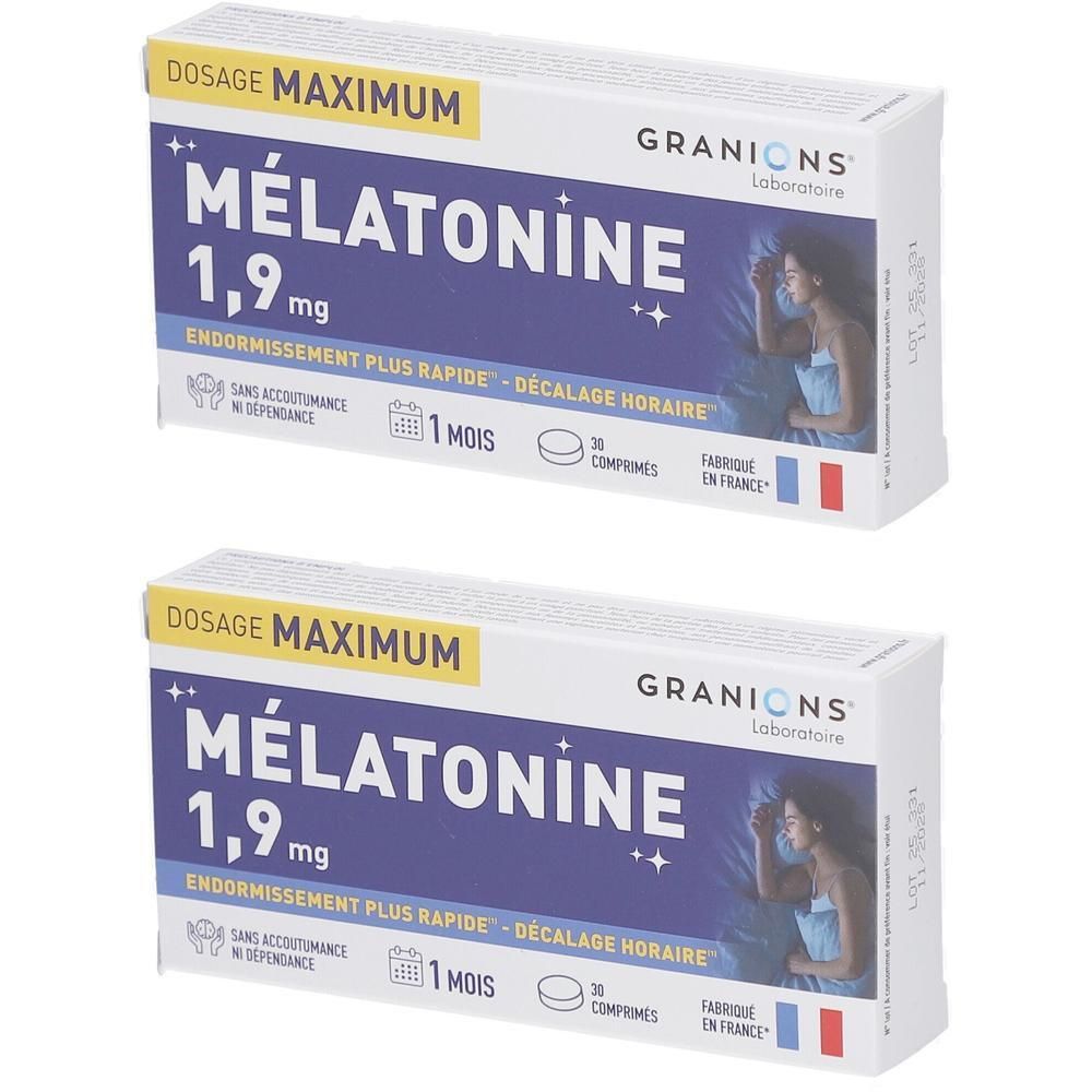 Deux boîtes de Granions Mélatonine 1,9 mg. Inscription : Mélatonine 1,9 mg, Dosage Maximum. 30 comprimés. Fabriqué en France.