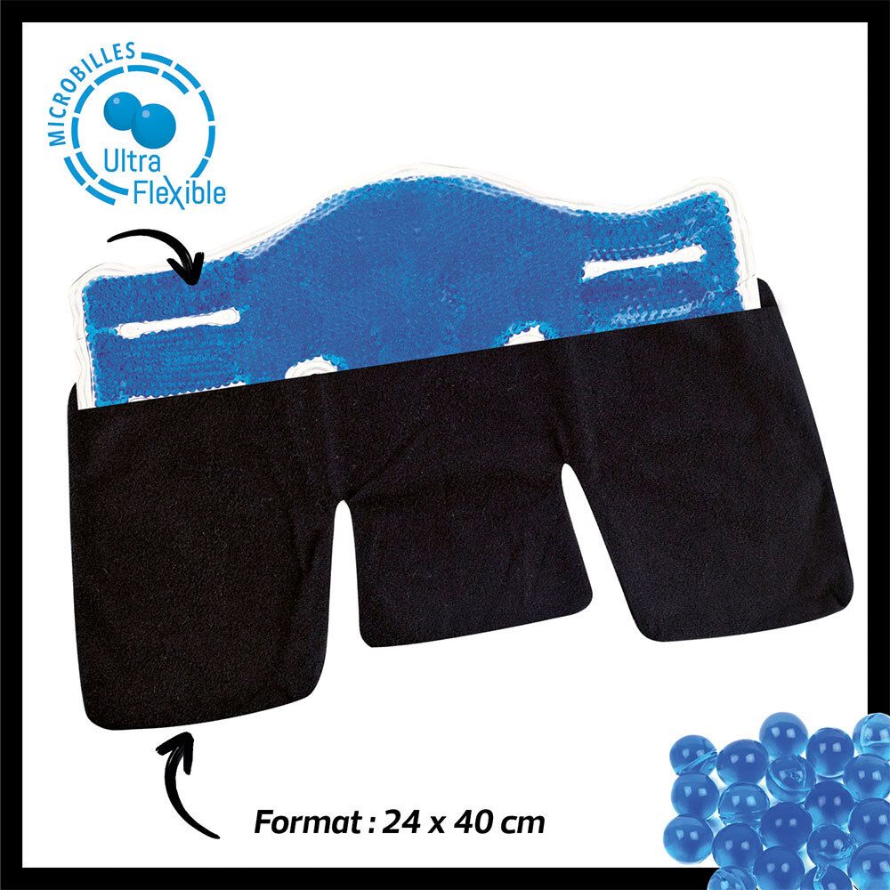 Un coussin thermique bleu flexible à microbilles, 24x40cm, dans une housse noire.