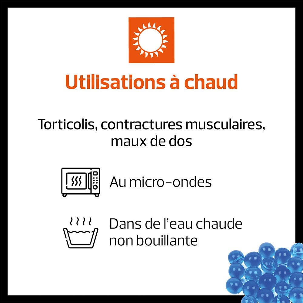 Instructions pour l'utilisation à chaud d'un coussin thermique : micro-ondes ou eau chaude.
