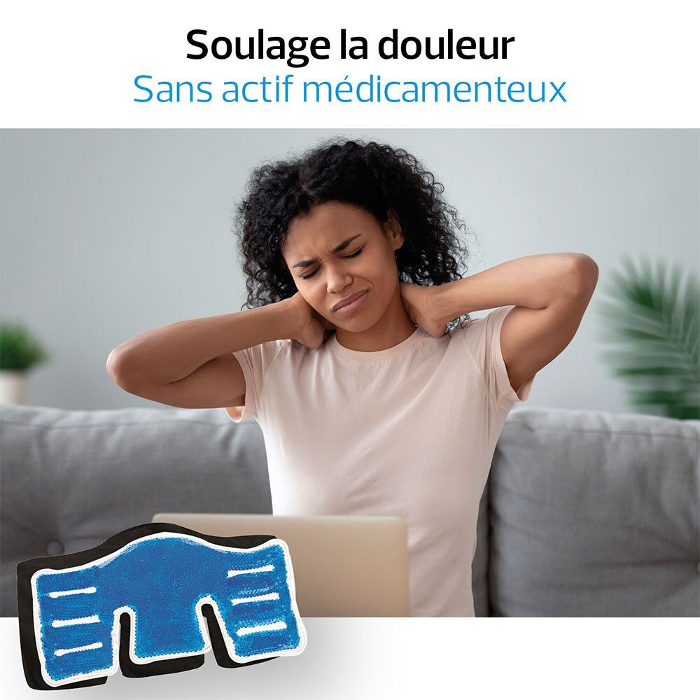 Femme avec douleur au cou à côté d'un coussin thermique promettant un soulagement.