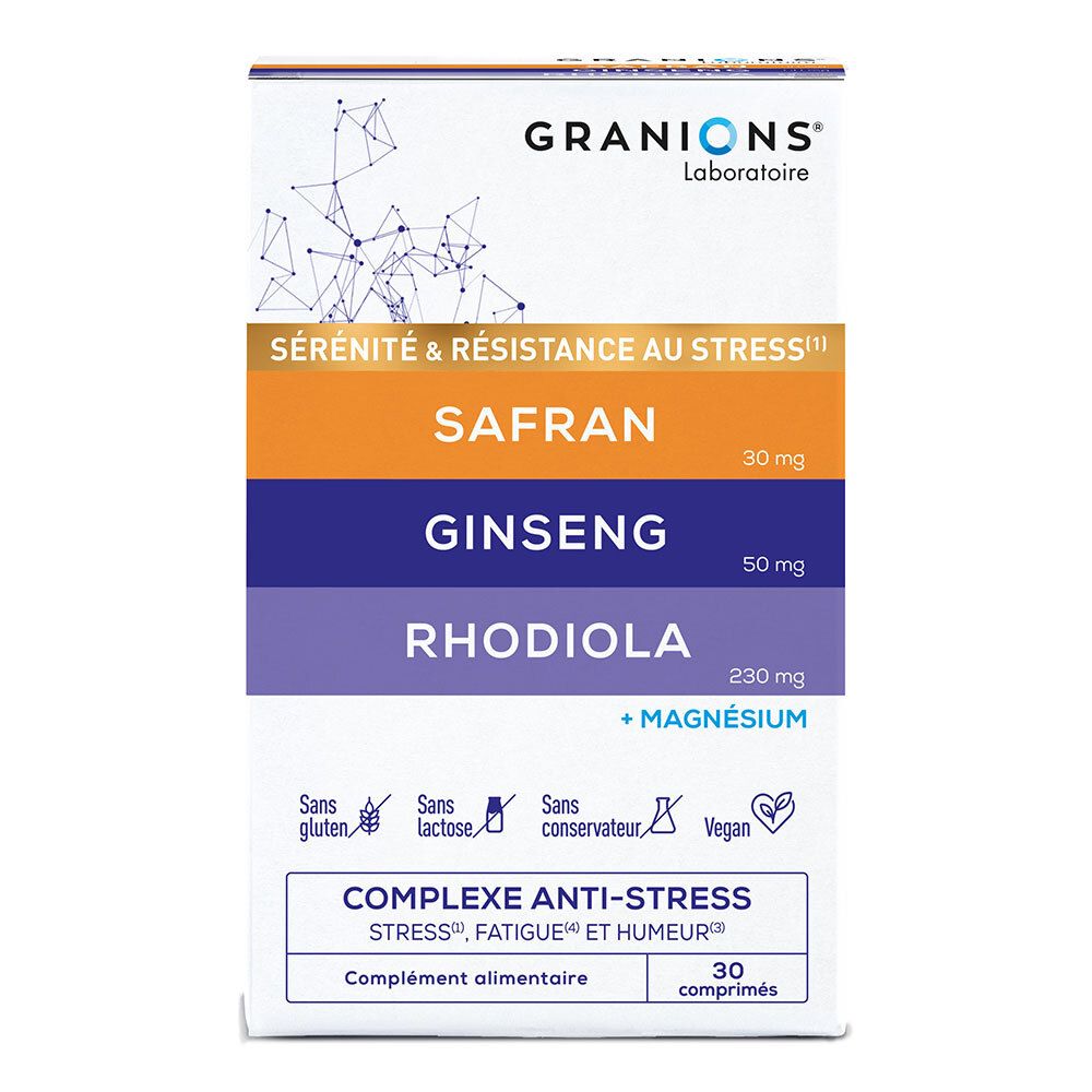 Boîte de GRANIONS CPLX ANTI STRESS CPR 30. Contient safran, ginseng, rhodiola et magnésium. 30 comprimés, sans gluten, sans lactose, vegan.