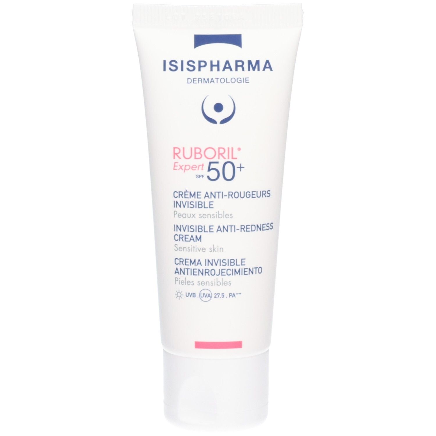 Tube blanc ISISPHARMA, RUBORIL Expert SPF 50+ INVISIBLE. Crème anti-rougeurs pour peaux sensibles.
