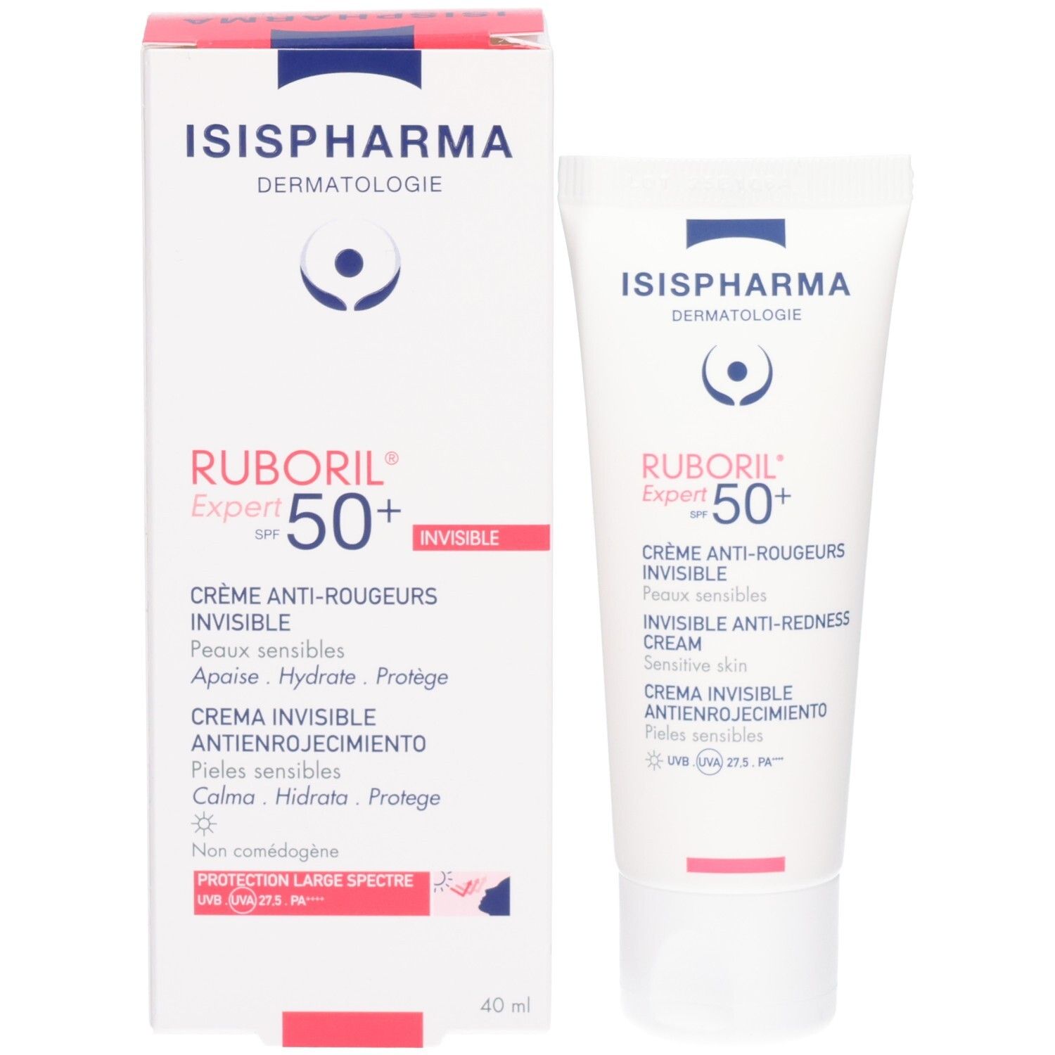 Boîte et tube RUBORIL Expert SPF 50+ INVISIBLE. Crème anti-rougeurs. Les deux produits côte à côte.