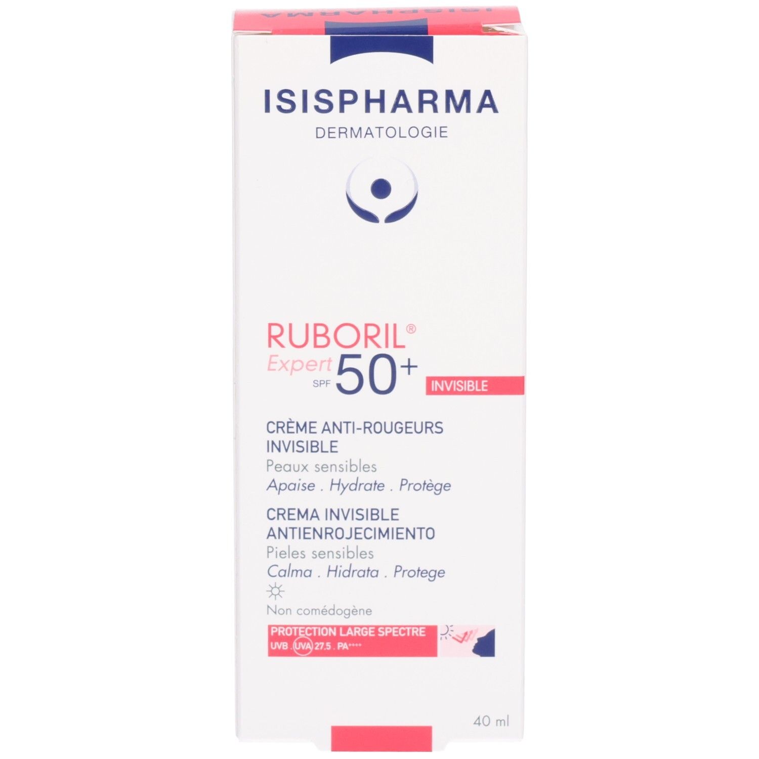 Boîte RUBORIL Expert SPF 50+ INVISIBLE. Crème anti-rougeurs. Face avant avec informations produit.