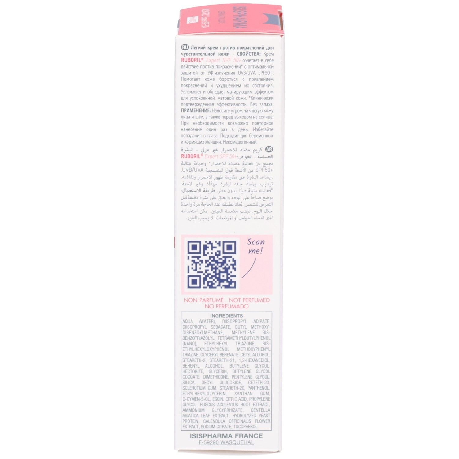 Boîte RUBORIL Expert SPF 50+ INVISIBLE. Dos avec texte, code QR et ingrédients.
