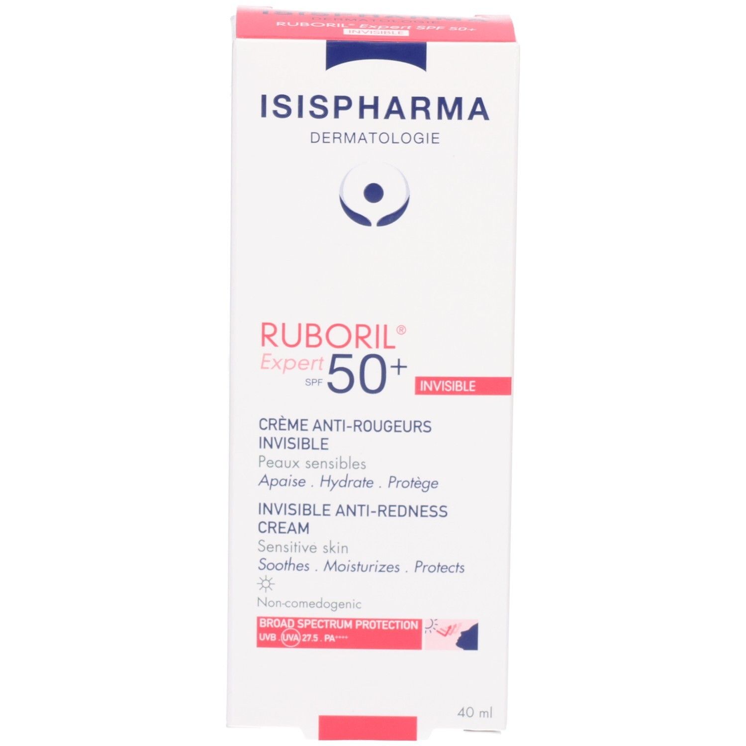 Boîte RUBORIL Expert SPF 50+ INVISIBLE. Crème anti-rougeurs. Face avant avec informations produit.
