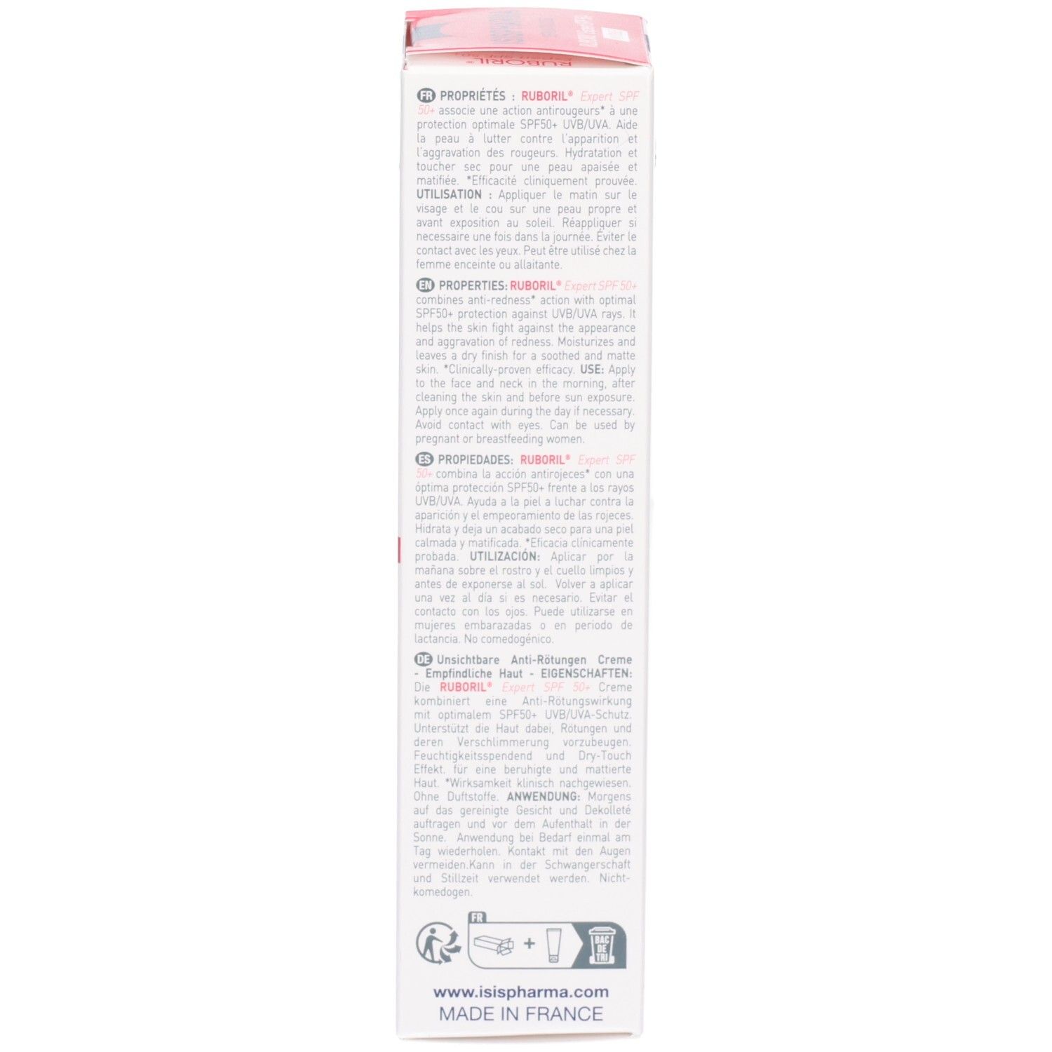 Boîte RUBORIL Expert SPF 50+ INVISIBLE. Côté avec informations produit et instructions d'utilisation.