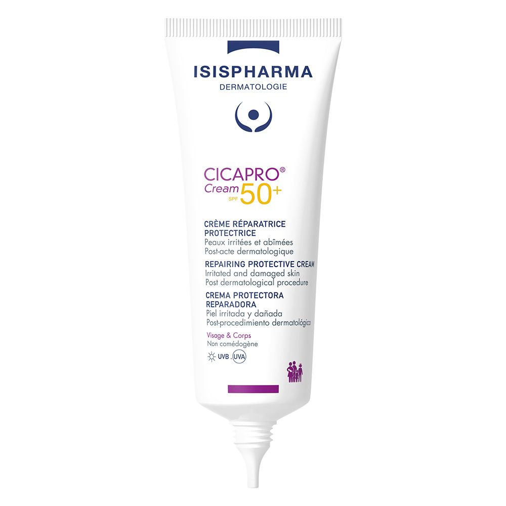 Tube Isispharma Cicapro Cream SPF50+. Crème réparatrice protectrice. Visage & Corps.