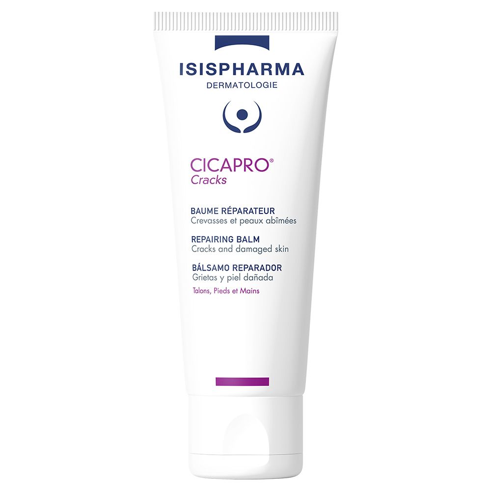 Tube de crème CICAPRO Cracks, ISISPHARMA. Blanc, accents violets. Nom du produit et logo visibles.