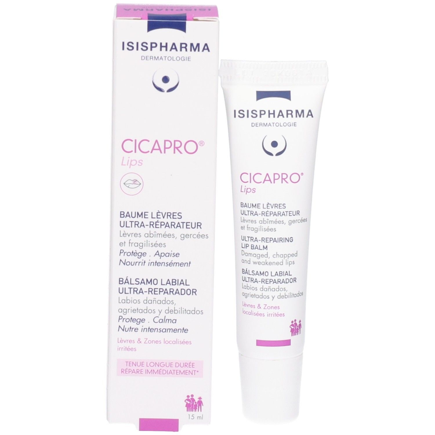 Baume à lèvres Isispharma CicaPro et son emballage extérieur, 15ml.
