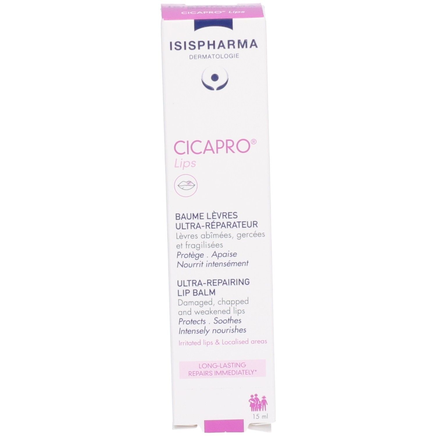 Emballage extérieur du baume à lèvres Isispharma CicaPro, face avant, 15ml.