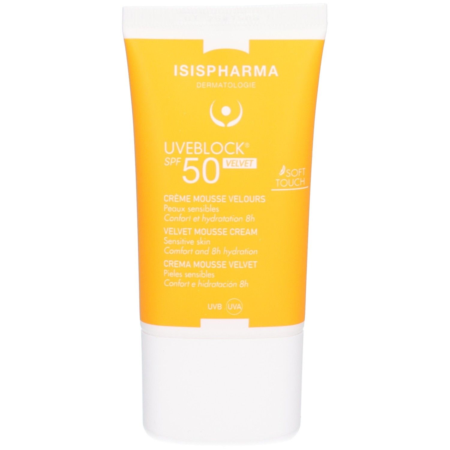 Tube de crème solaire ISISPHARMA UVEBLOCK Velvet SPF50, jaune avec bouchon blanc.