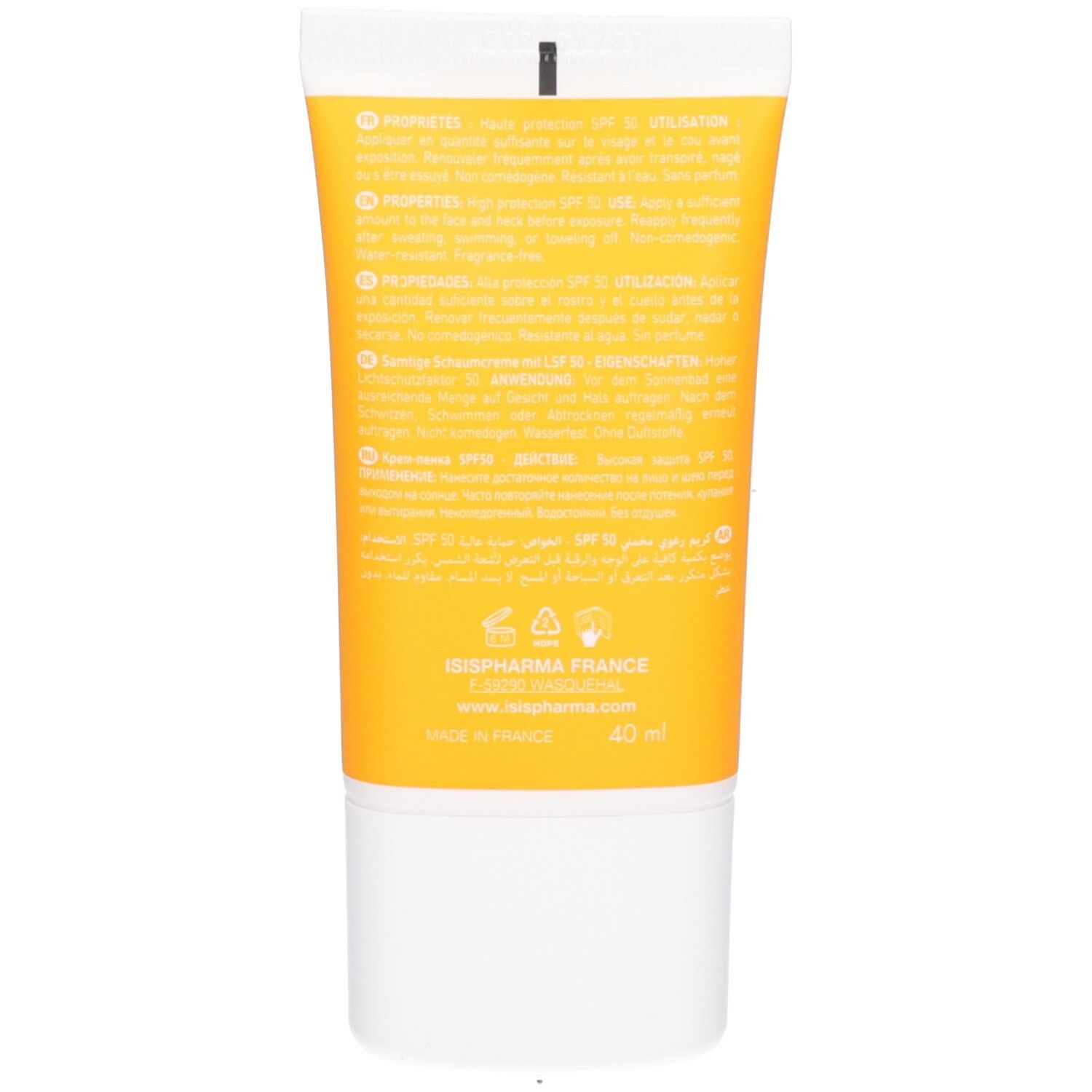 Arrière du tube de crème solaire ISISPHARMA UVEBLOCK Velvet SPF50 avec informations produit.