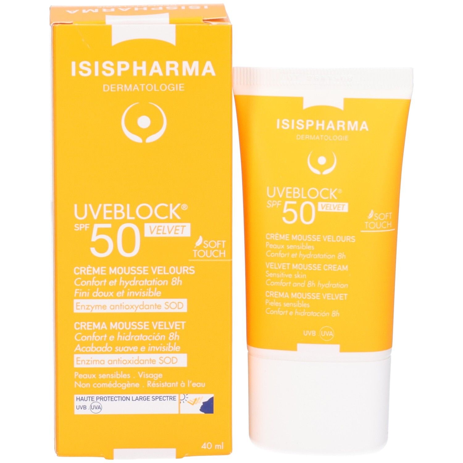Crème solaire ISISPHARMA UVEBLOCK Velvet SPF50 et sa boîte, toutes deux jaunes.