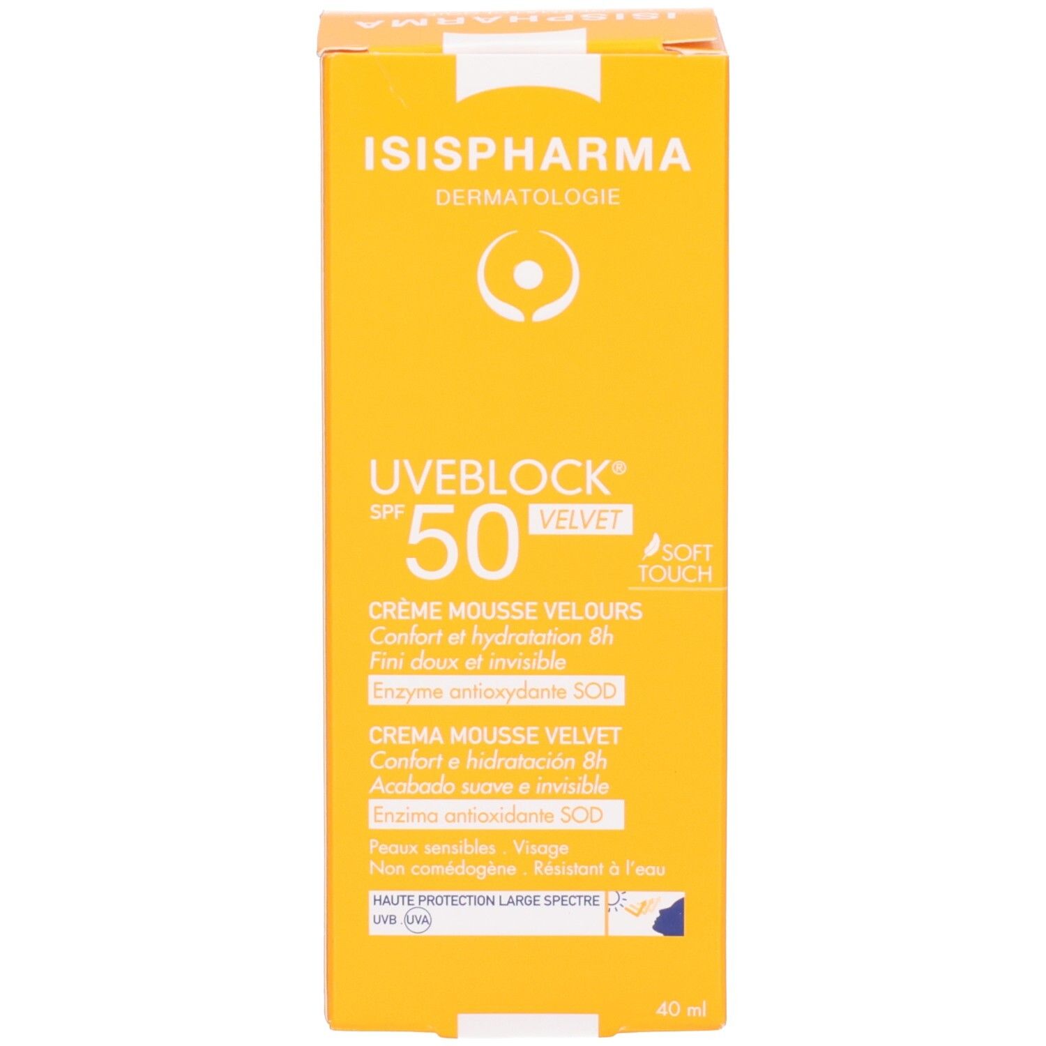 Face avant de la boîte jaune de crème solaire ISISPHARMA UVEBLOCK Velvet SPF50.