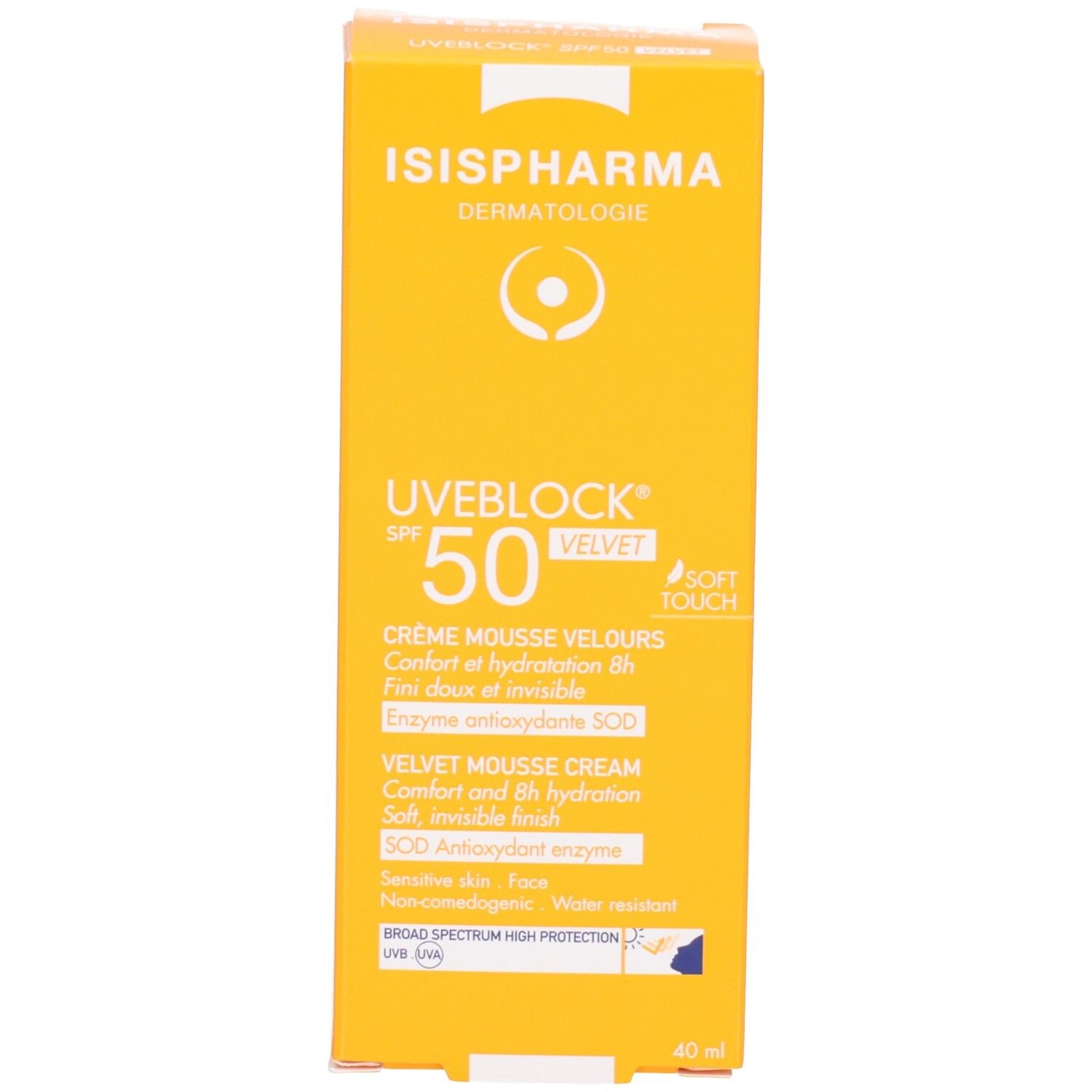 Crème solaire ISISPHARMA UVEBLOCK Velvet SPF50 en tube et boîte jaunes.