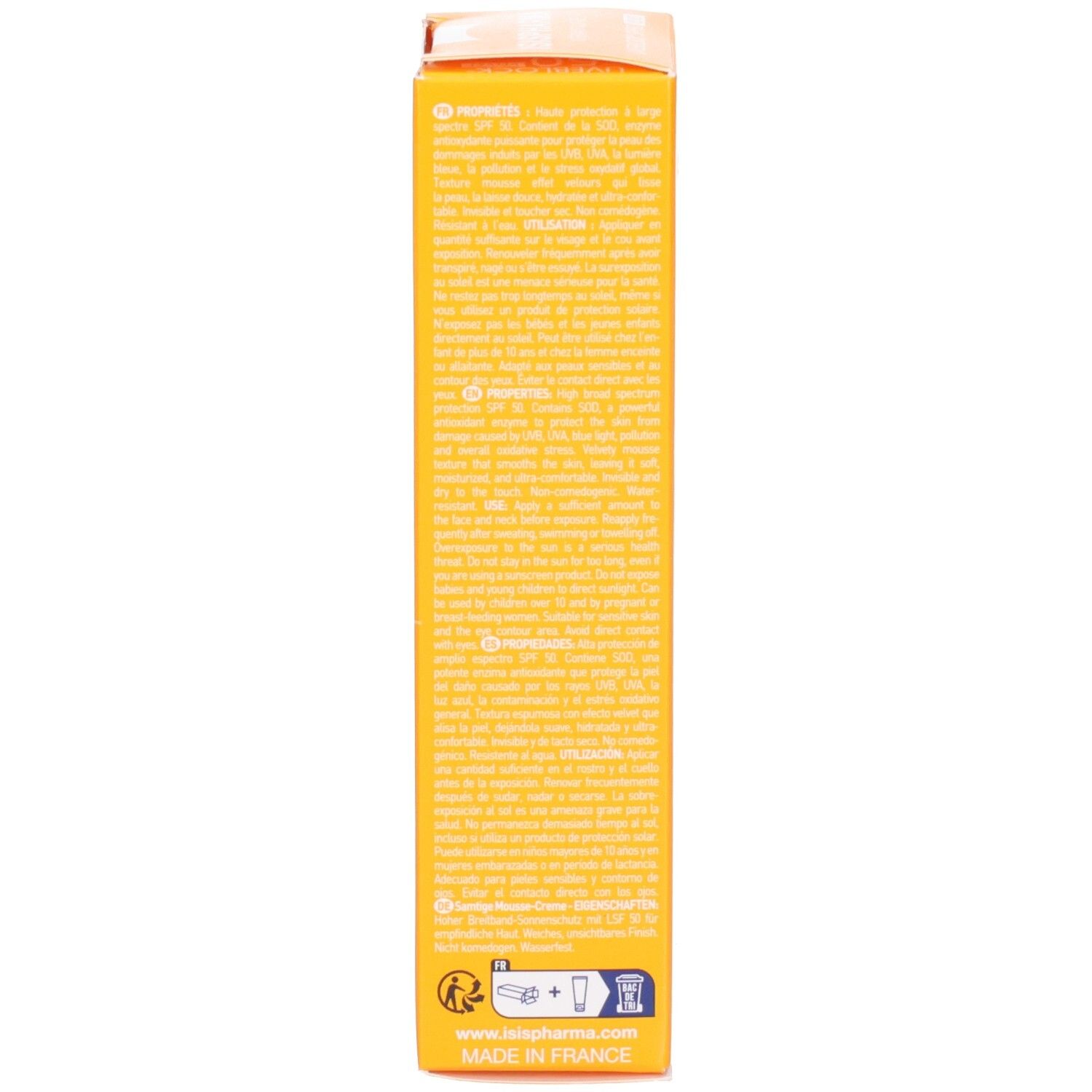 Côté de la boîte jaune de crème solaire ISISPHARMA UVEBLOCK Velvet SPF50 avec texte.