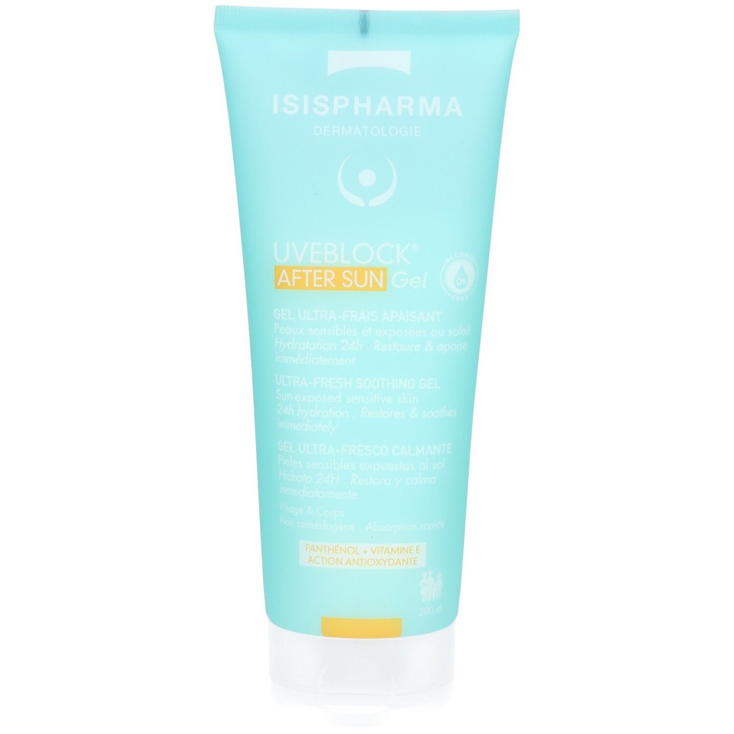 Tube bleu clair avec bouchon blanc, Gel Après-Soleil UVEBLOCK d'ISISPHARMA.