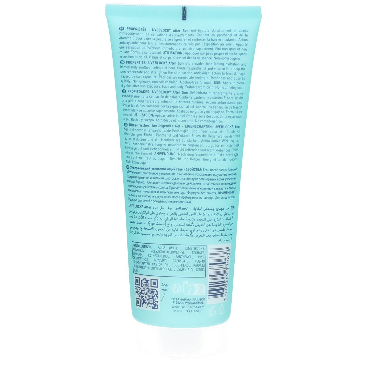 Arrière d'un tube bleu clair avec bouchon blanc, Gel Après-Soleil UVEBLOCK d'ISISPHARMA.