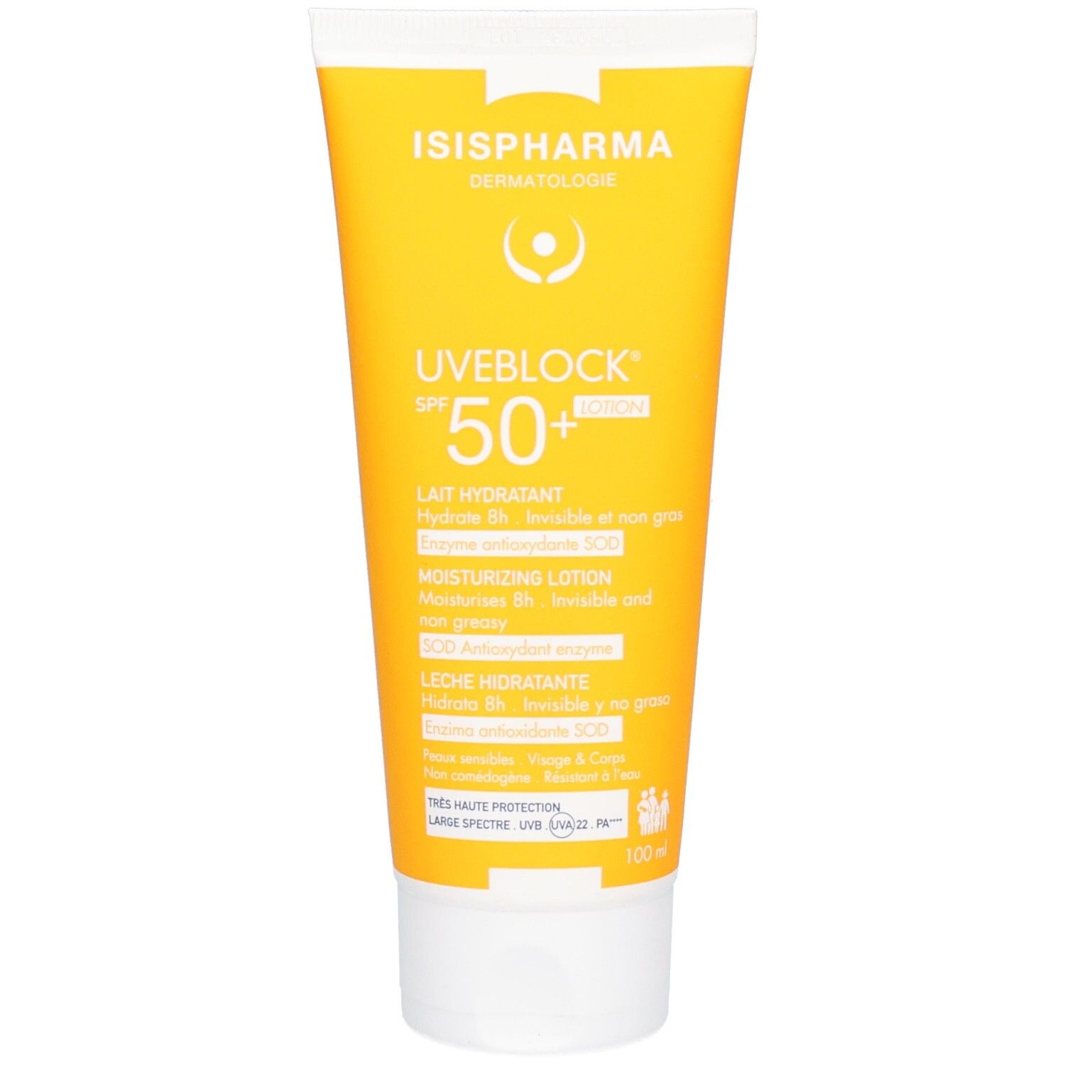Isispharma Uveblock Lait SPF50+ Lotion hydratante en tube jaune avec bouchon blanc. Haute protection UV.