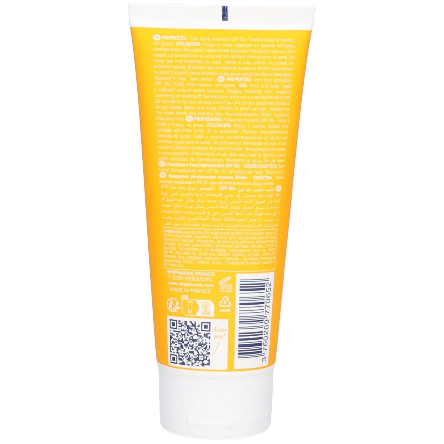 Arrière du tube Isispharma Uveblock Lait SPF50+ avec instructions et informations produit. Tube jaune.