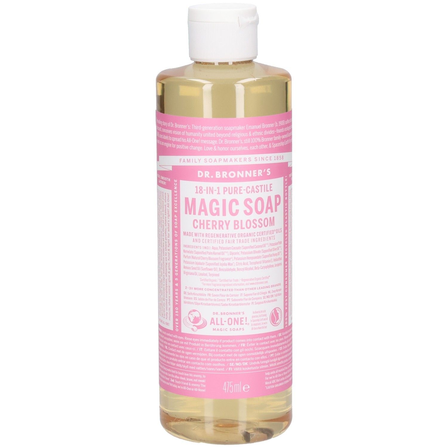 Bouteille de savon Dr. Bronner's Magic Cherry Blossom. Étiquette rose avec texte. Liquide transparent. Bouchon blanc.