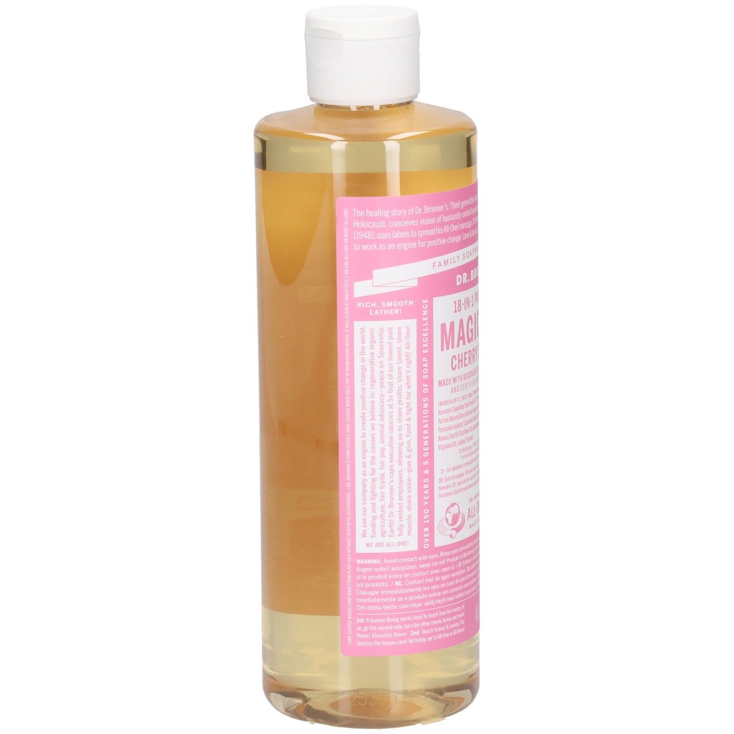 Bouteille de savon Dr. Bronner's Magic Cherry Blossom, en biais. Étiquette rose avec texte. Liquide transparent. Bouchon blanc.