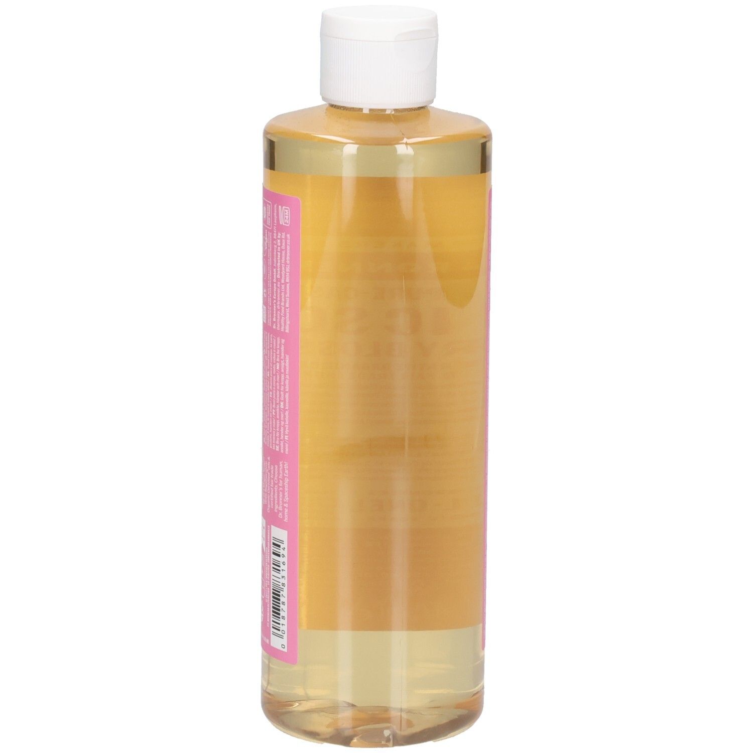 Bouteille de savon Dr. Bronner's Magic Cherry Blossom, vue arrière. Étiquette rose avec texte. Liquide transparent. Bouchon blanc.