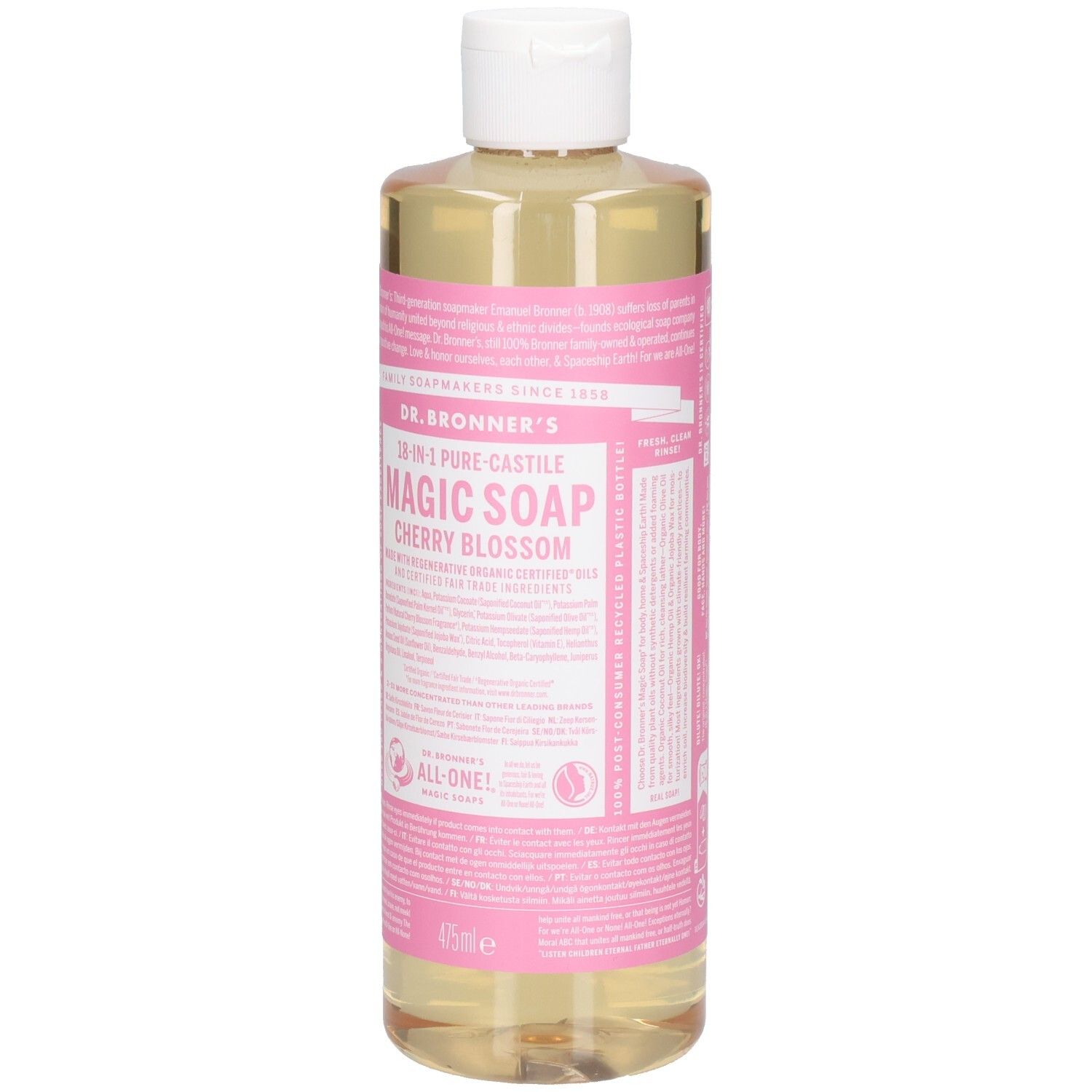 Bouteille de savon Dr. Bronner's Magic Cherry Blossom. Étiquette rose avec texte. Liquide transparent. Bouchon blanc.