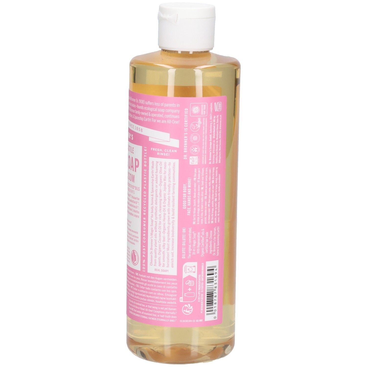Bouteille de savon Dr. Bronner's Magic Cherry Blossom, en biais. Étiquette rose avec texte. Liquide transparent. Bouchon blanc.