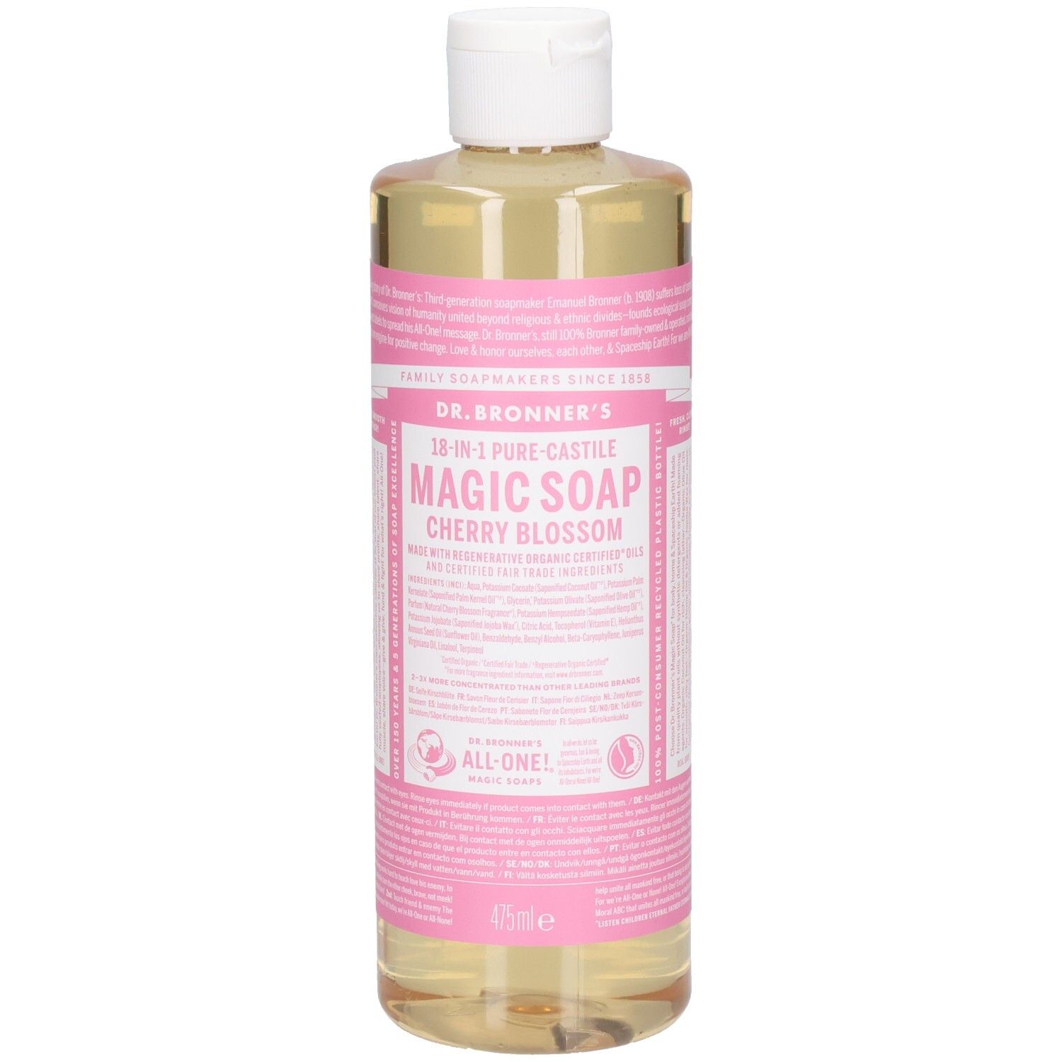 Bouteille de savon Dr. Bronner's Magic Cherry Blossom. Étiquette rose avec texte. Liquide transparent. Bouchon blanc.