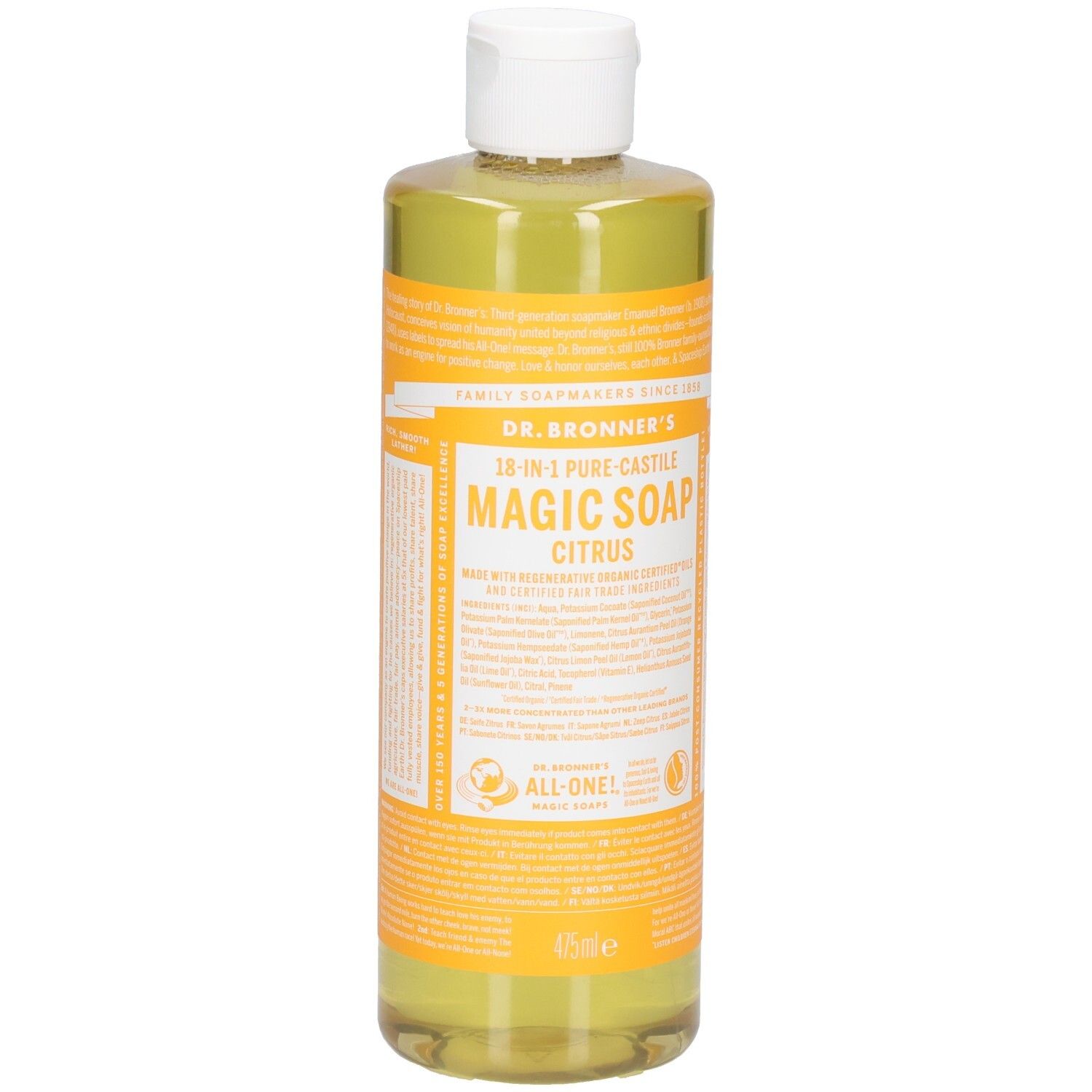 Bouteille de liquide jaune-vert avec bouchon blanc. Inscription : Dr. Bronner's 18-in-1 Pure Castile Magic Soap Citrus.