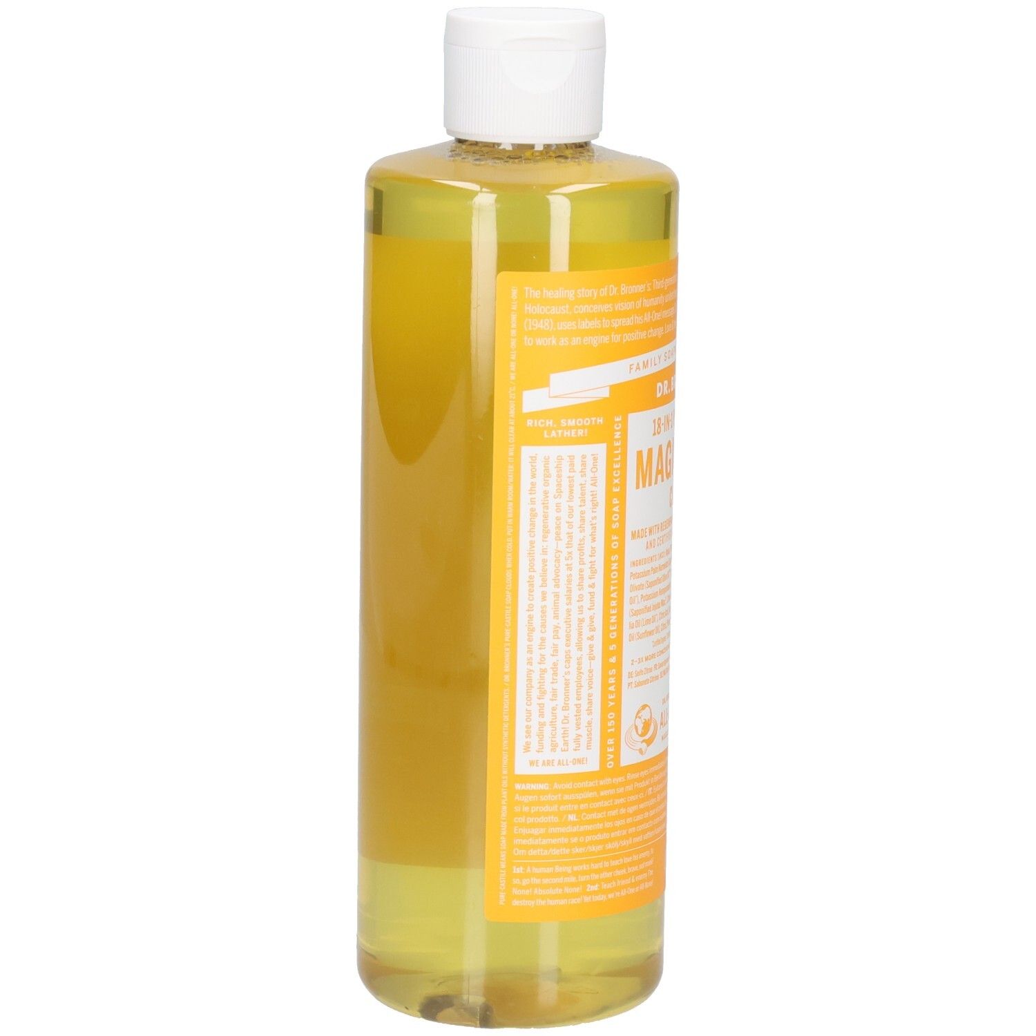 Bouteille de liquide jaune avec bouchon blanc. Étiquette avec texte. Fond blanc.