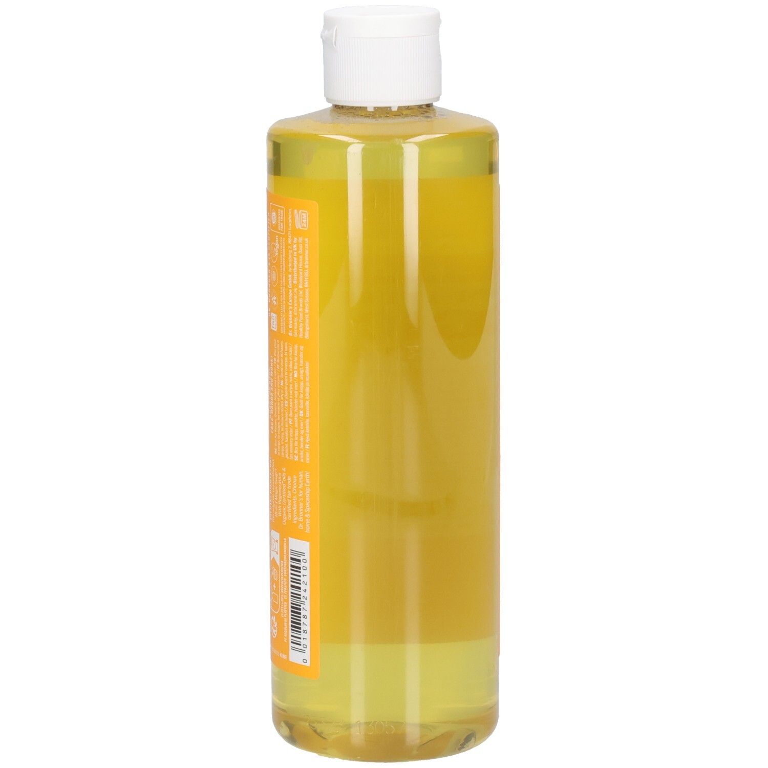 Bouteille de liquide jaune avec bouchon blanc. Étiquette avec texte. Fond blanc.